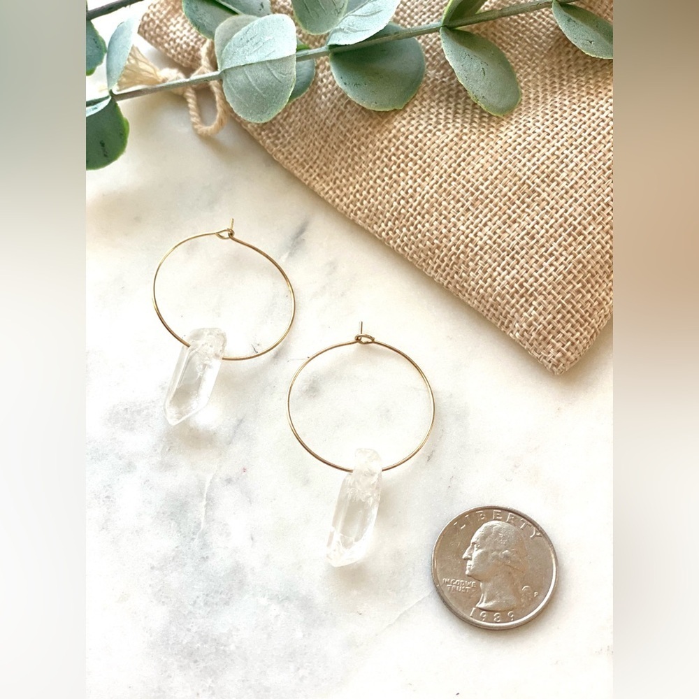 Clear Crystal Quartz Gold Hoop Earrings - Picture 3 of 3